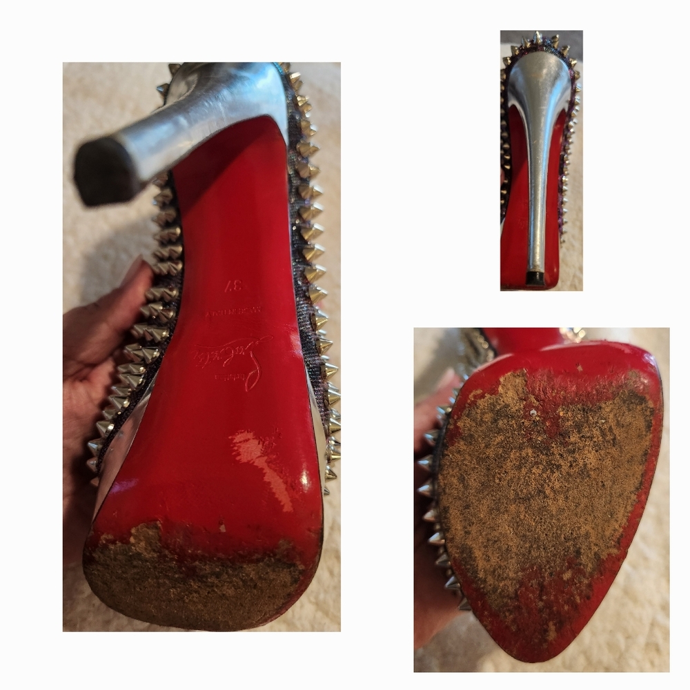 CHRISTIAN LOUBOUTIN Metallic Lame Lady Peep Spike Platform Pumps Size 37 - Picture 15 of 16